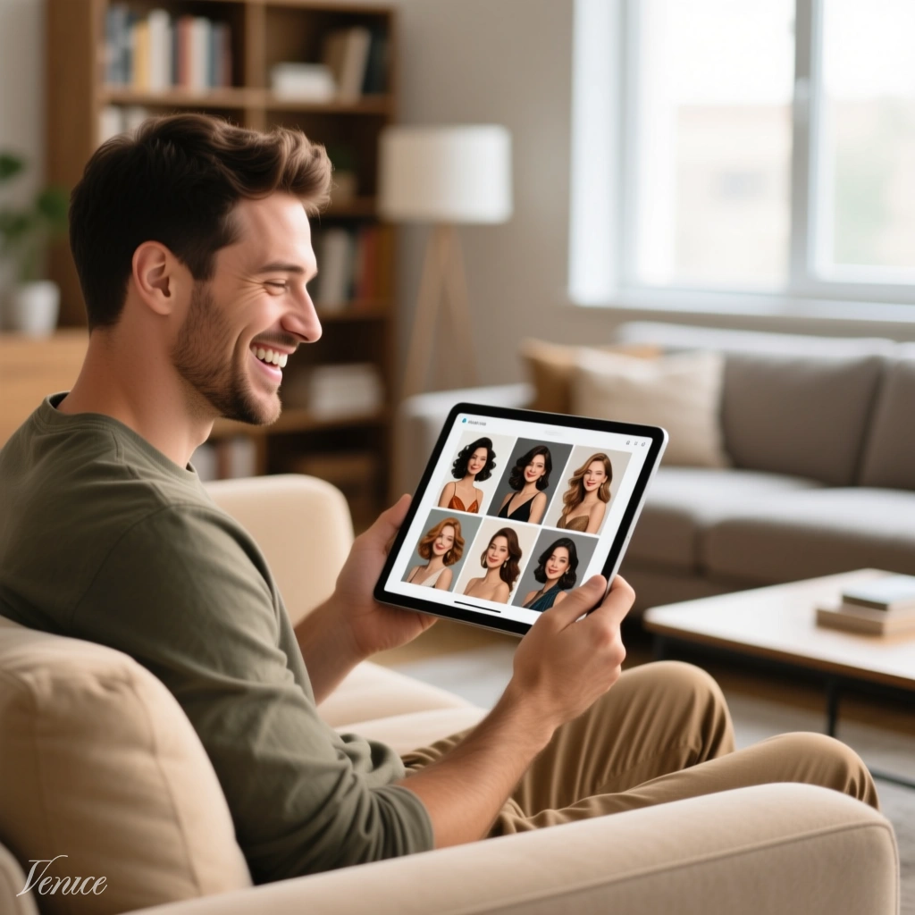 man looks at AI pics of women on his tablet